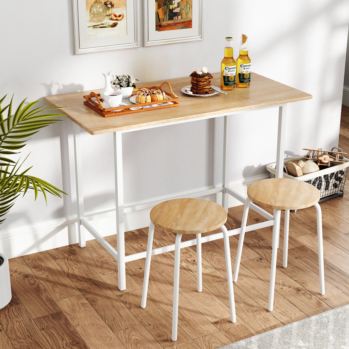 3-Piece Dining Set with 2 Round Chairs and Adjustable Foot Pads-Natural