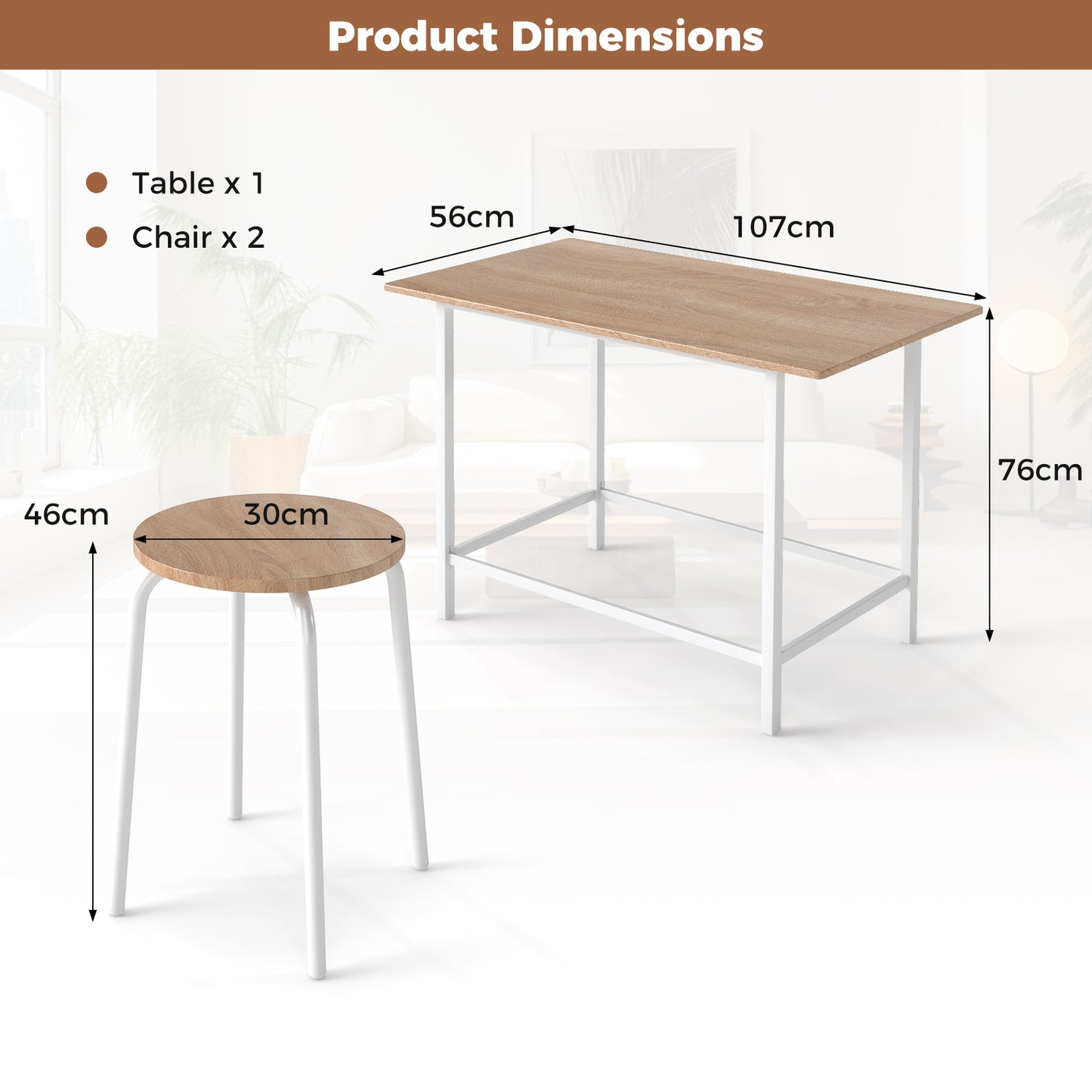 3-Piece Dining Set with 2 Round Chairs and Adjustable Foot Pads-Natural