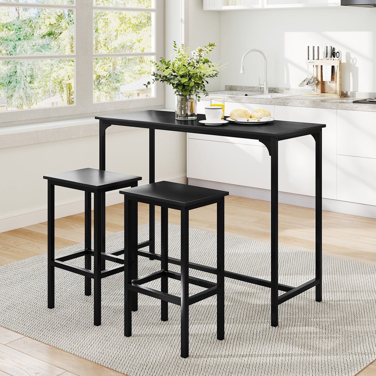 3-Piece Dining Table Set with High Top Rectangular Pub Table and Chairs-Black
