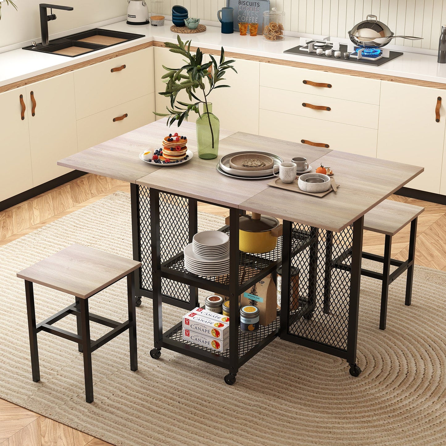 3-Piece Foldable Dining Table Set with Lockable Wheels for Small Place-Grey