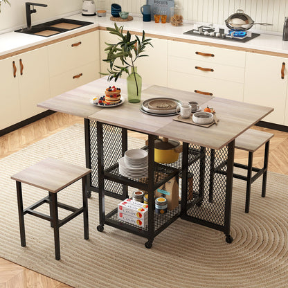 3-Piece Foldable Dining Table Set with Lockable Wheels for Small Place-Grey