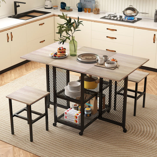 3-Piece Foldable Dining Table Set with Lockable Wheels for Small Place-Grey