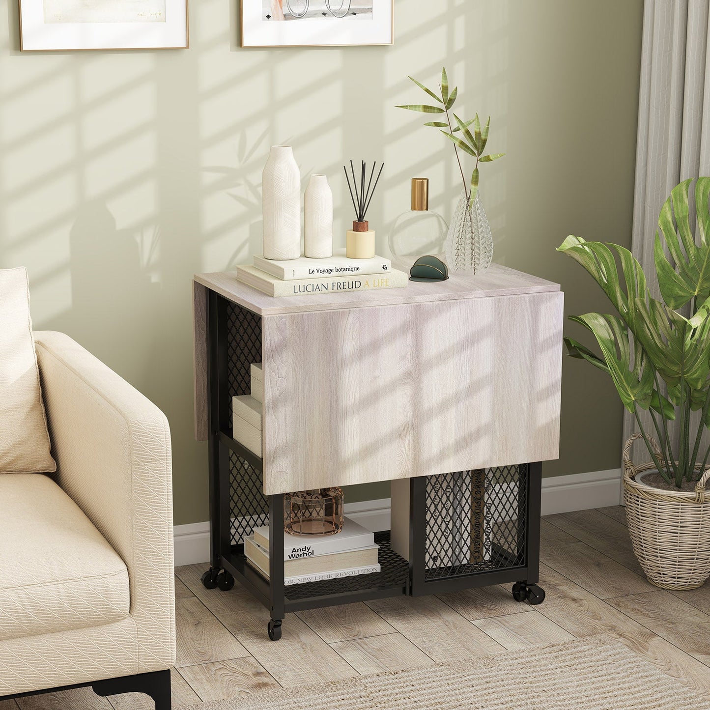 3-Piece Foldable Dining Table Set with Lockable Wheels for Small Place-Grey