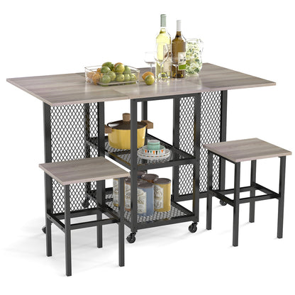 3-Piece Foldable Dining Table Set with Lockable Wheels for Small Place-Grey