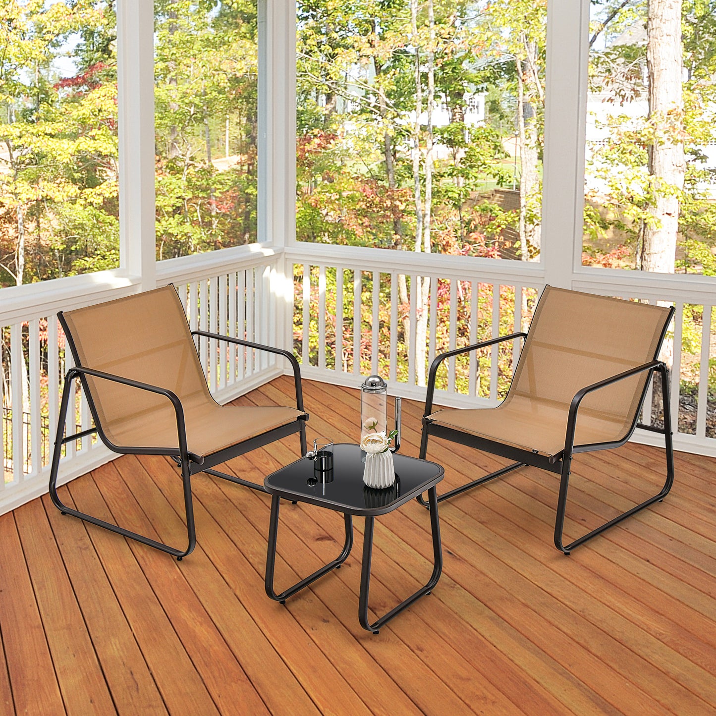 3 Pieces Patio Conversation Set with Breathable Fabric and Tempered Glass Tabletop-Brown