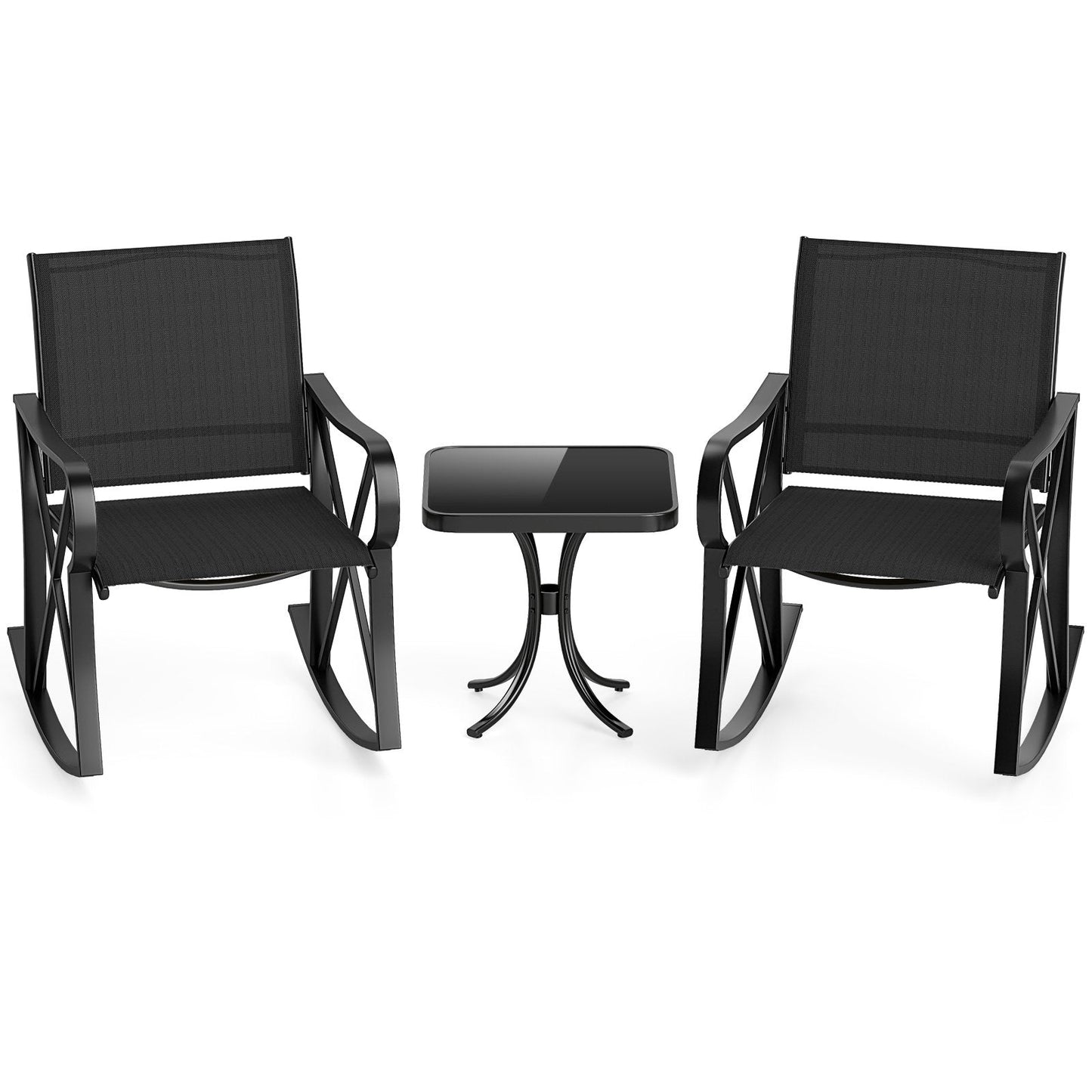 3-Piece Patio Rocking Bistro Rocker Chairs Set with Glass-Top Side Table-Black