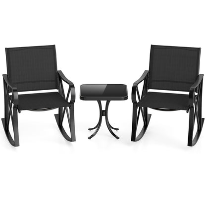 3-Piece Patio Rocking Bistro Rocker Chairs Set with Glass-Top Side Table-Black