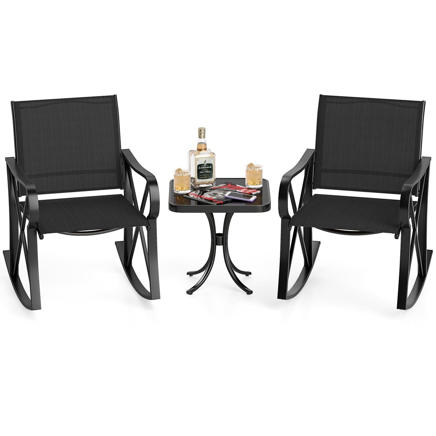 3-Piece Patio Rocking Bistro Rocker Chairs Set with Glass-Top Side Table-Black