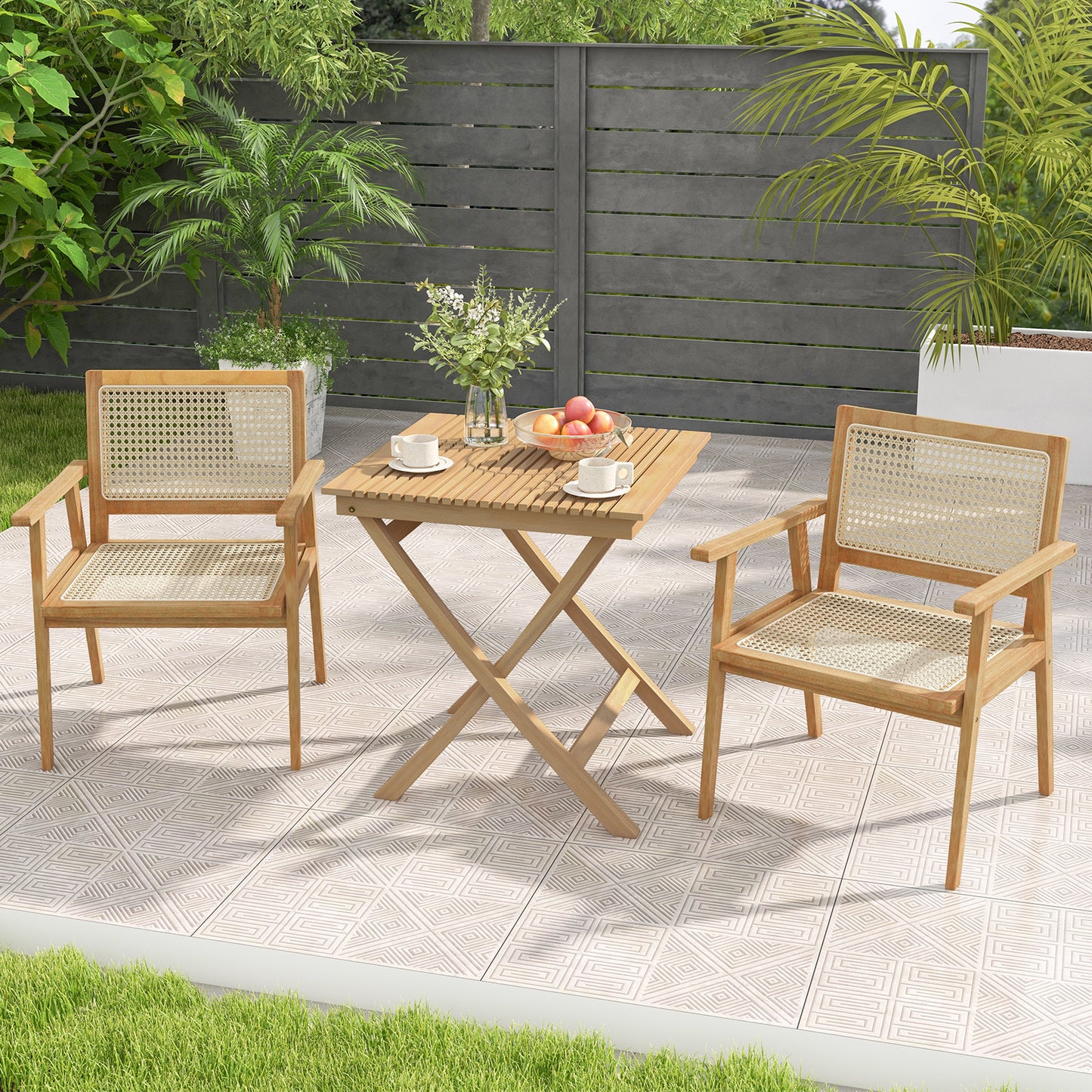 3-Pieces Folding Bistro Set Teak Wood Table and 2 Armchairs with Rattan Backrest