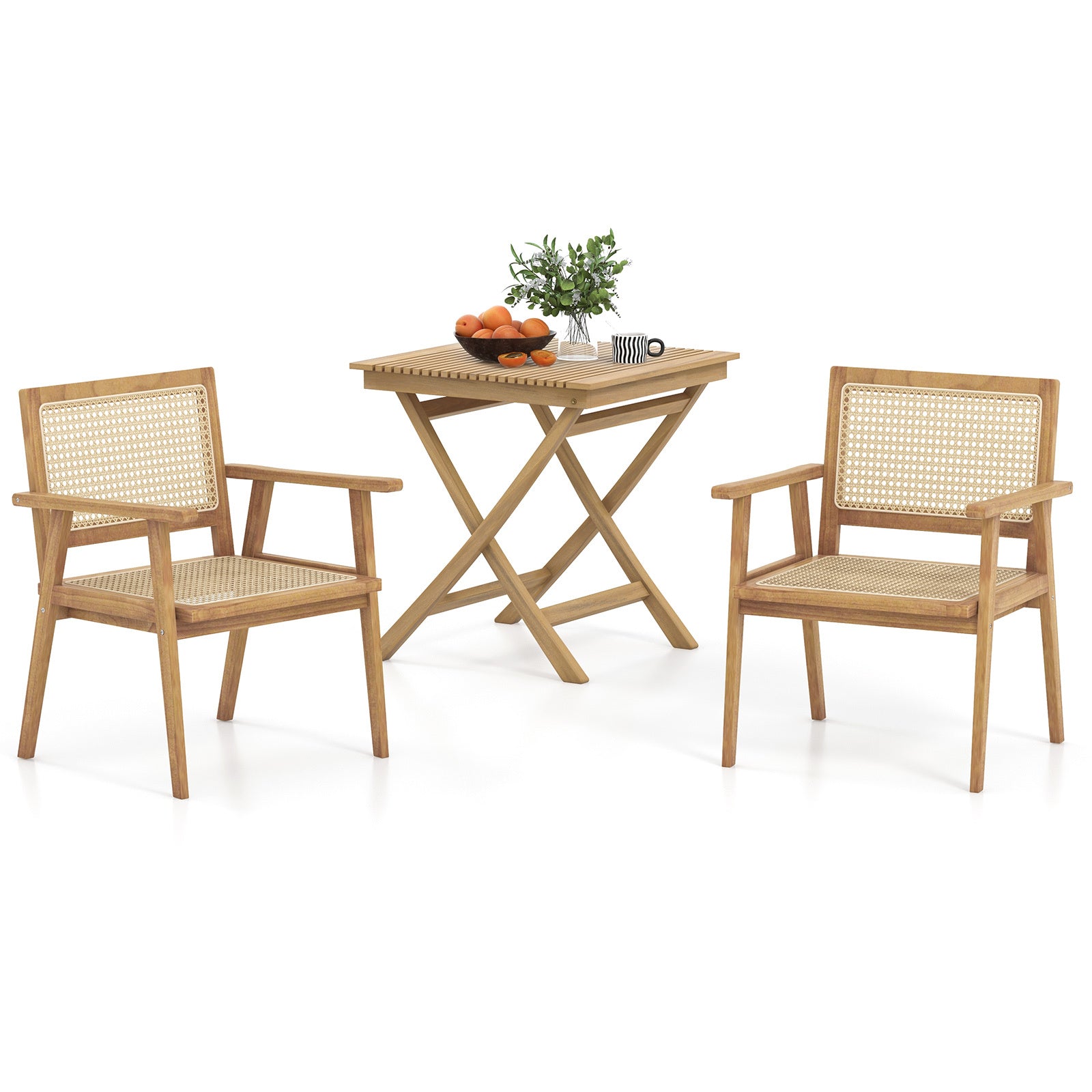 3-Pieces Folding Bistro Set Teak Wood Table and 2 Armchairs with Rattan Backrest