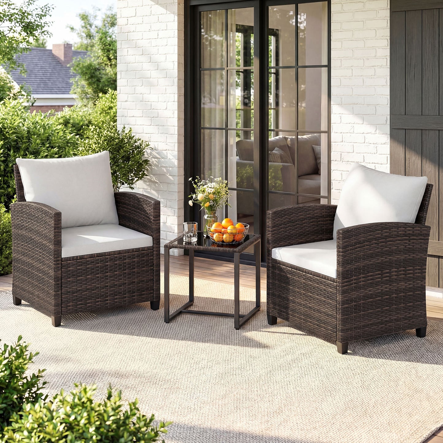 3 Pieces PE Rattan Wicker Outdoor Bistro Conversation Set with Soft Cushions-Beige
