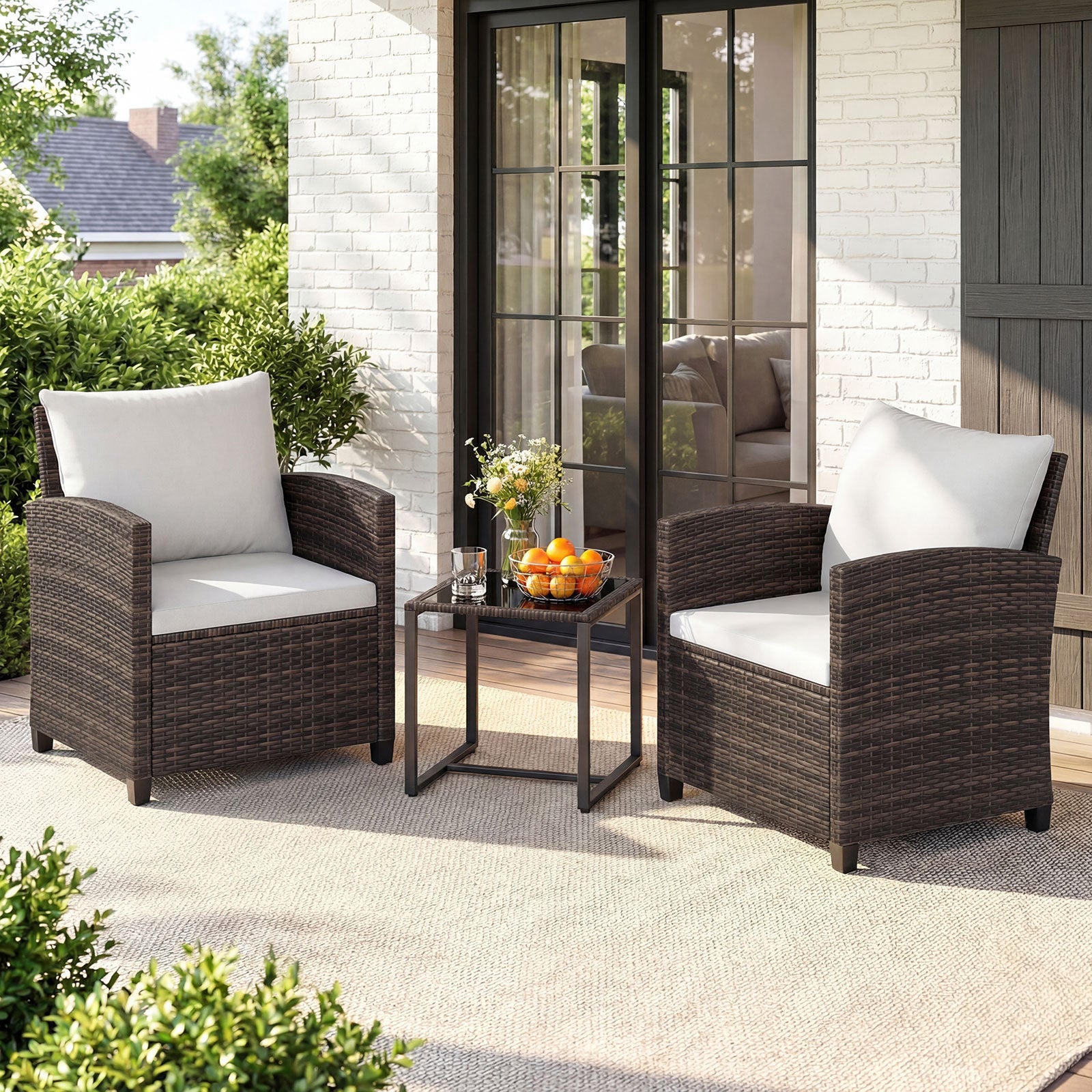 3 Pieces PE Rattan Wicker Outdoor Bistro Conversation Set with Soft Cushions-Beige
