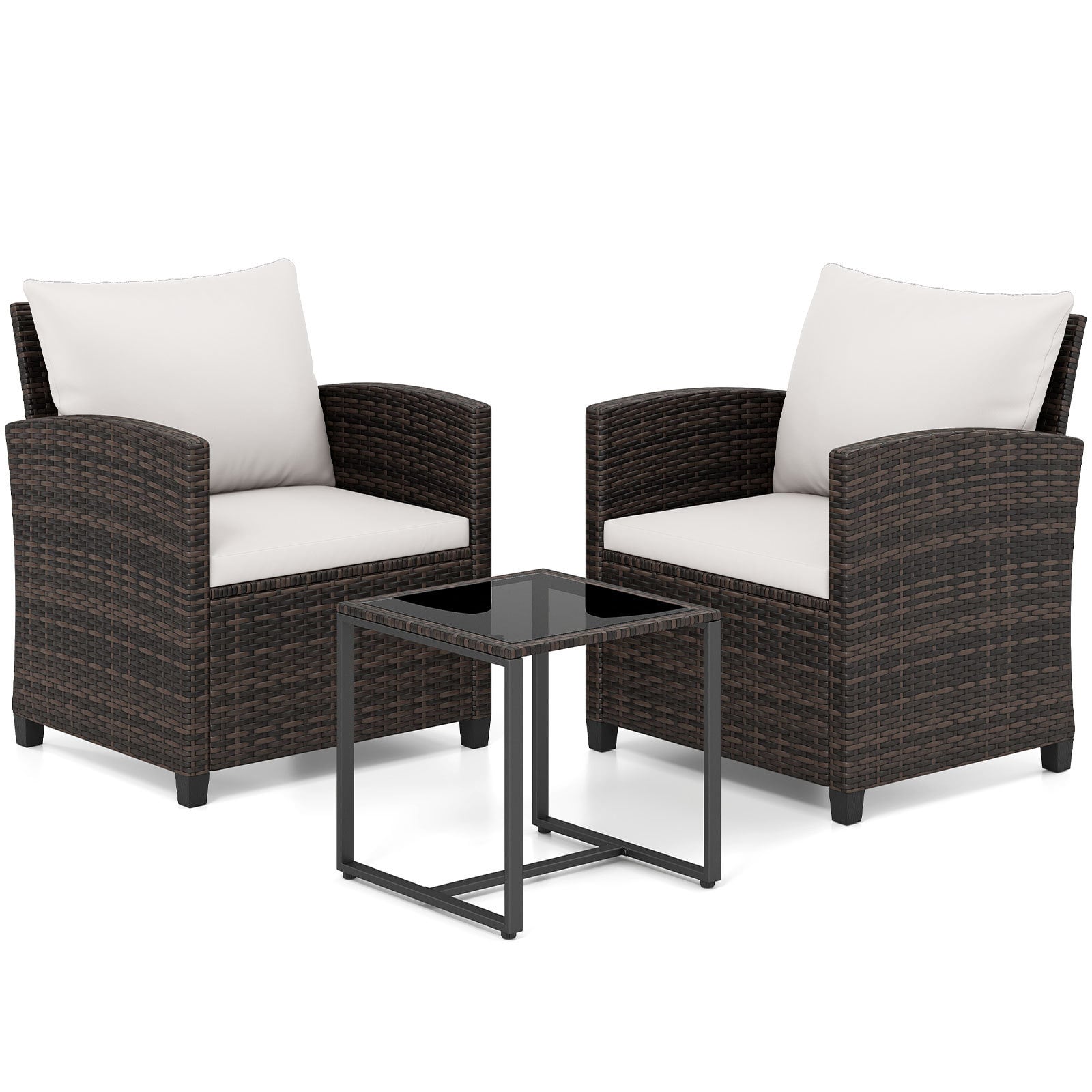 3 Pieces PE Rattan Wicker Outdoor Bistro Conversation Set with Soft Cushions-Beige