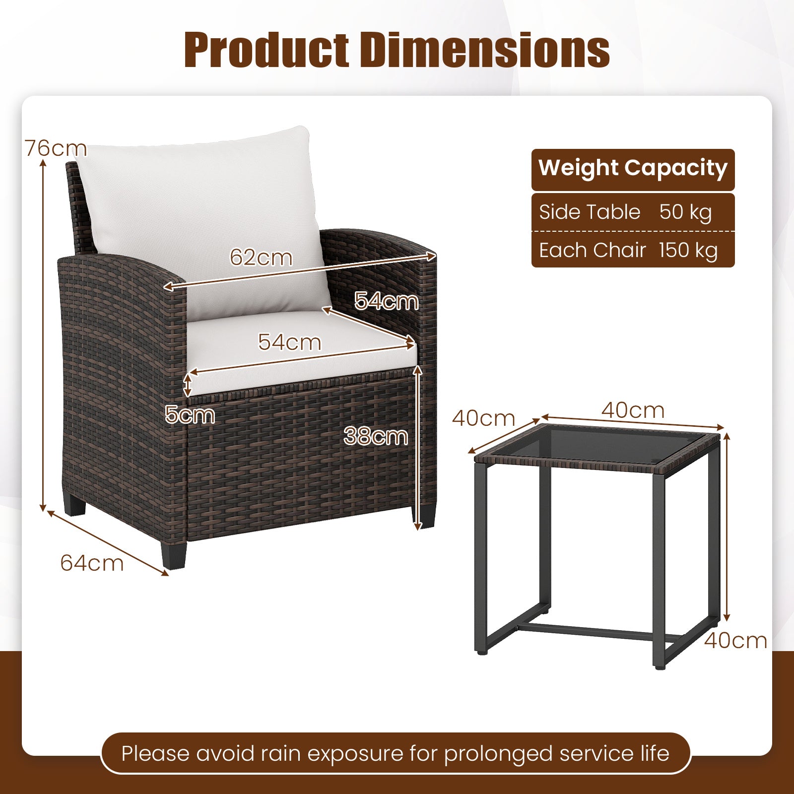 3 Pieces PE Rattan Wicker Outdoor Bistro Conversation Set with Soft Cushions-Beige
