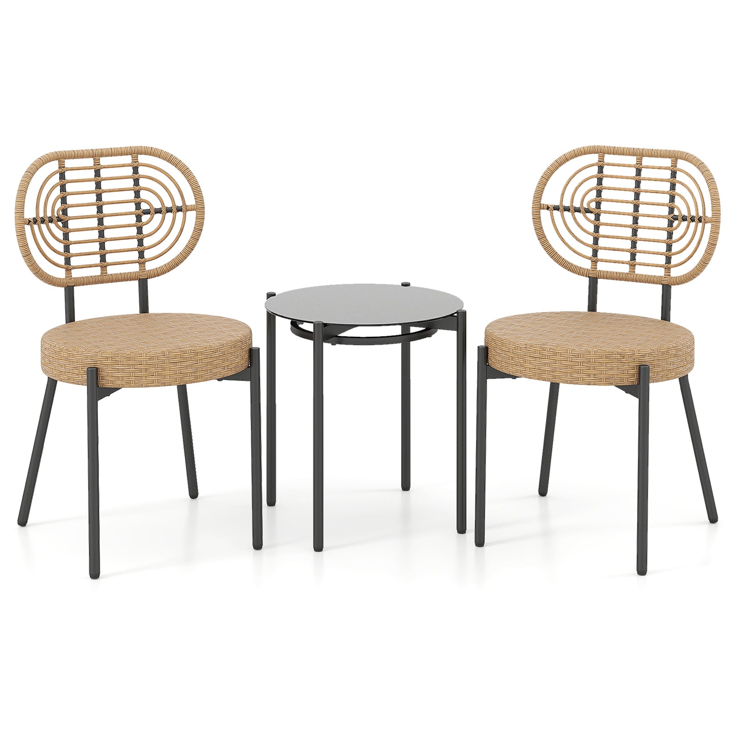 3 Pieces PE Wicker Outdoor Bistro Set Patio Conversation Set with Tempered Glass Coffee Table and Rattan Chairs-Brown