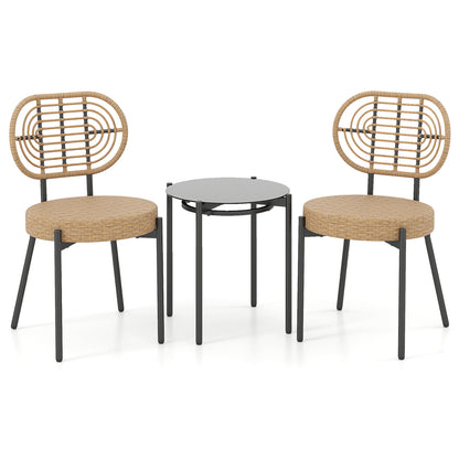3 Pieces PE Wicker Outdoor Bistro Set Patio Conversation Set with Tempered Glass Coffee Table and Rattan Chairs-Brown