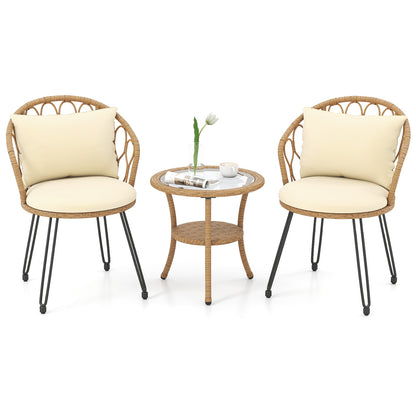 3 Pieces PE Wicker Patio Bistro Set with Cushions for Porch-Beige