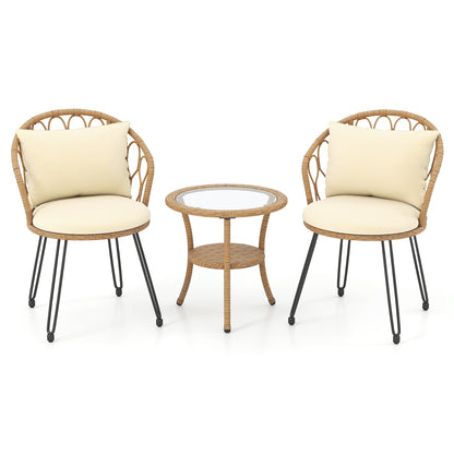 3 Pieces PE Wicker Patio Bistro Set with Cushions for Porch-Beige