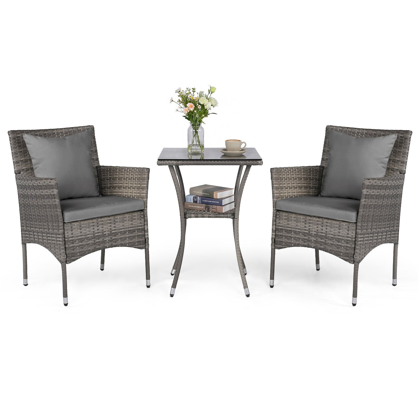 3 Pieces Patio Wicker Bistro Set 2 Rattan Chairs with Double-Tier Tempered Glass Table-Grey
