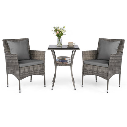3 Pieces Patio Wicker Bistro Set 2 Rattan Chairs with Double-Tier Tempered Glass Table-Grey