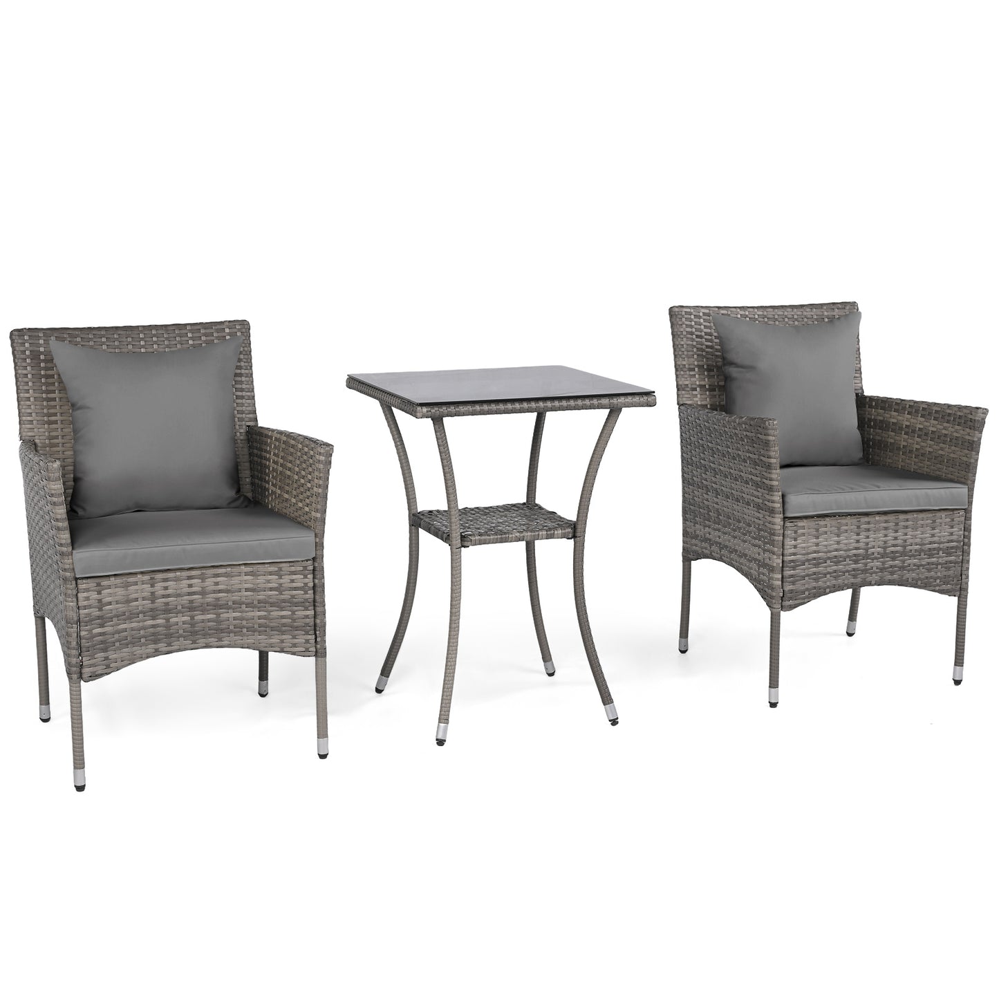 3 Pieces Patio Wicker Bistro Set 2 Rattan Chairs with Double-Tier Tempered Glass Table-Grey