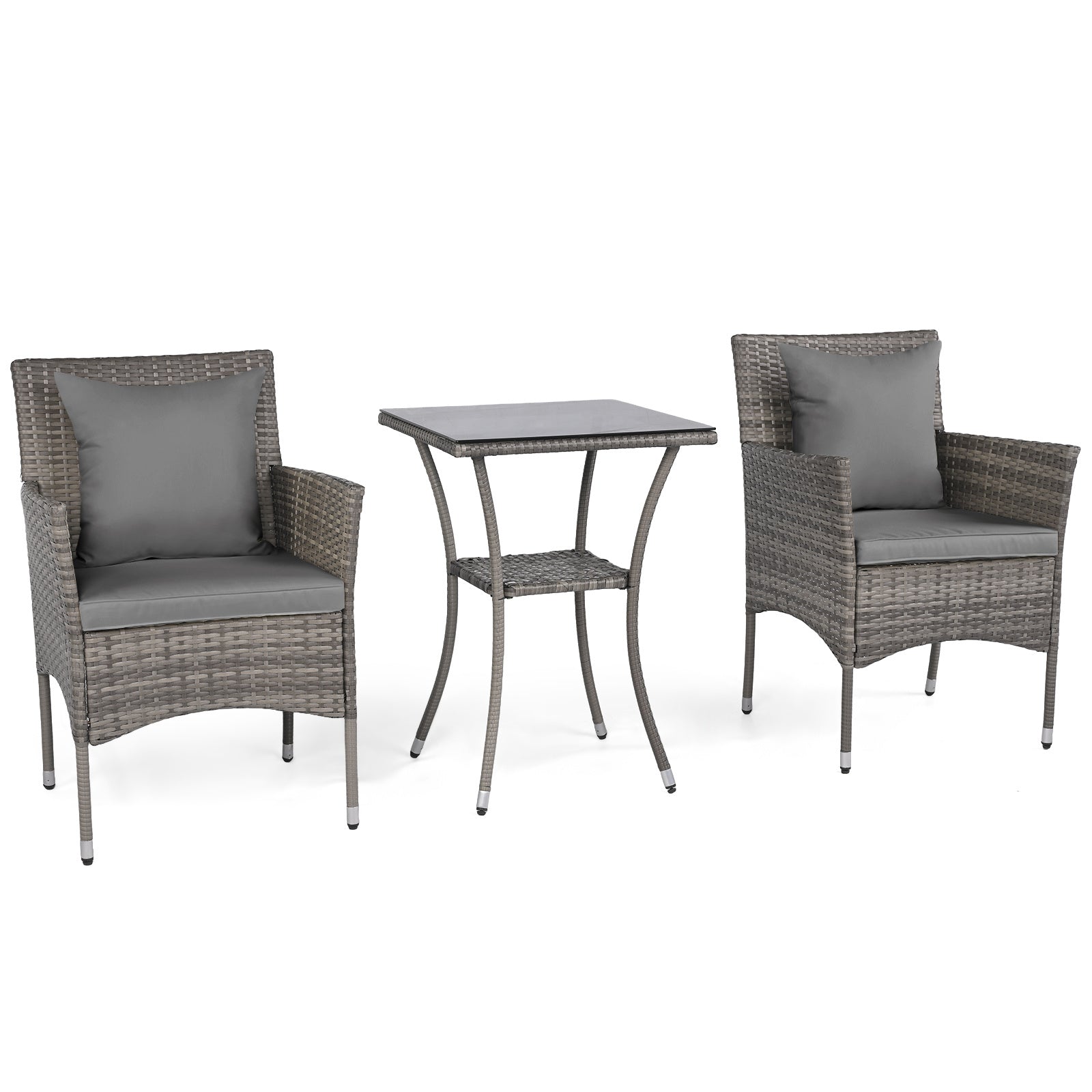 3 Pieces Patio Wicker Bistro Set 2 Rattan Chairs with Double-Tier Tempered Glass Table-Grey