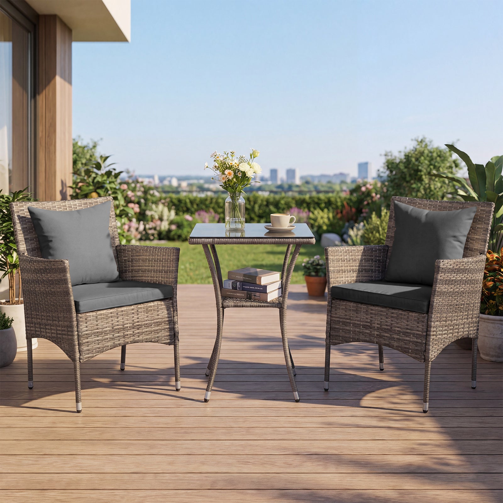 3 Pieces Patio Wicker Bistro Set 2 Rattan Chairs with Double-Tier Tempered Glass Table-Grey