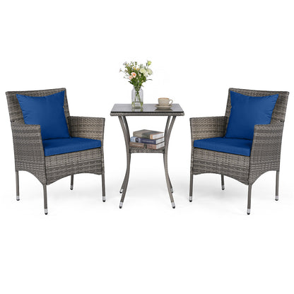 3 Pieces Patio Wicker Bistro Set 2 Rattan Chairs with Double-Tier Tempered Glass Table-Navy