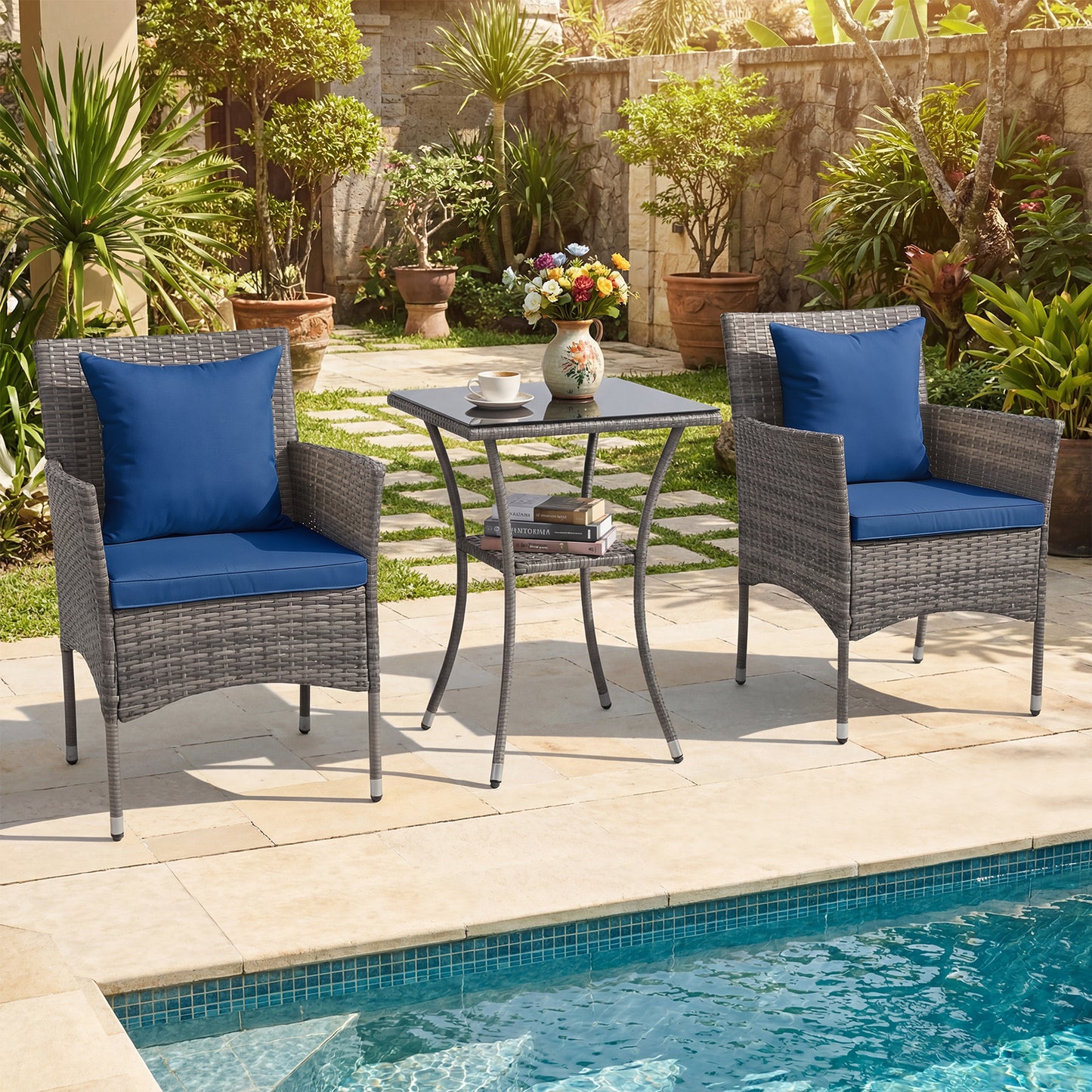 3 Pieces Patio Wicker Bistro Set 2 Rattan Chairs with Double-Tier Tempered Glass Table-Navy