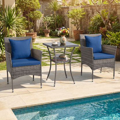 3 Pieces Patio Wicker Bistro Set 2 Rattan Chairs with Double-Tier Tempered Glass Table-Navy