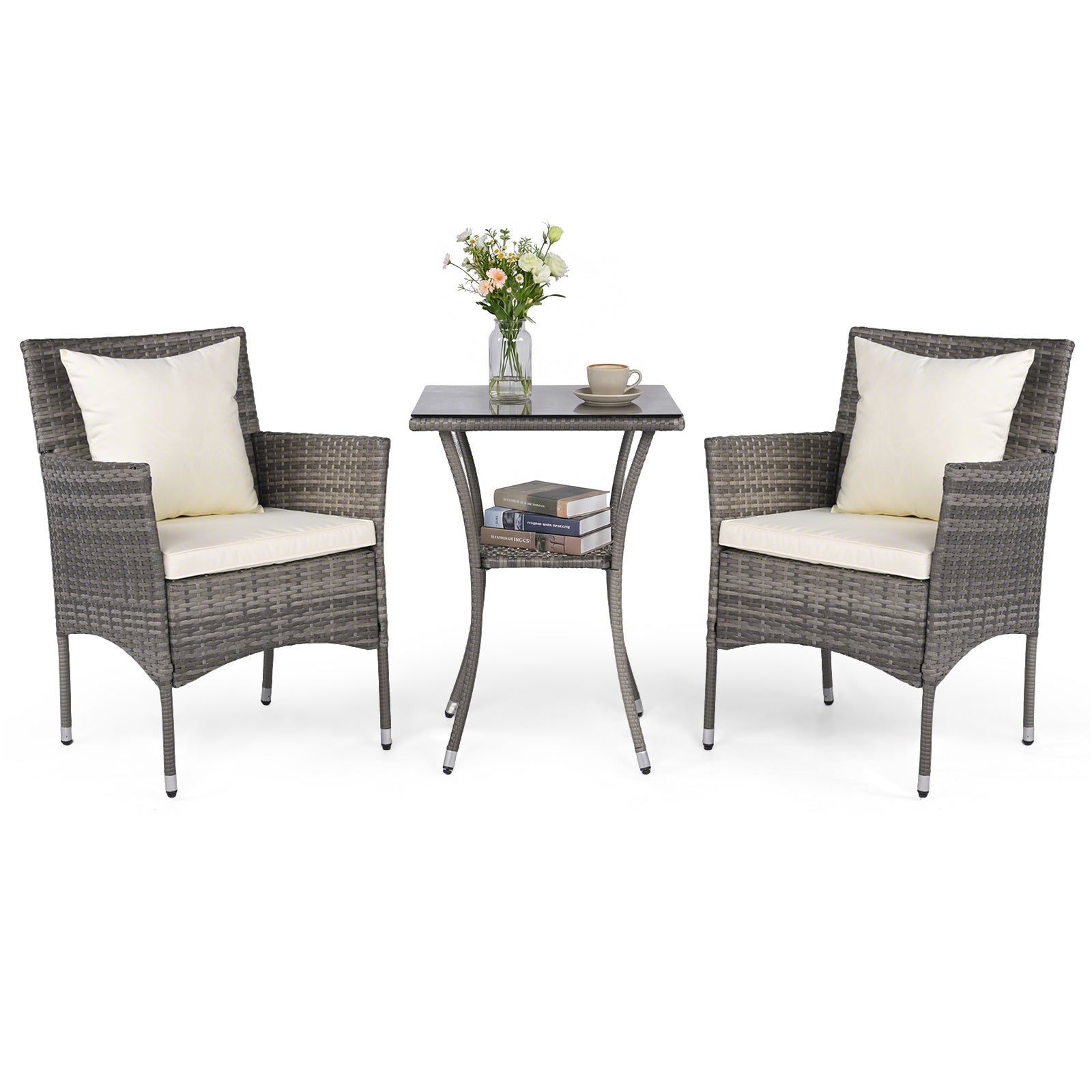 3 Pieces Patio Wicker Bistro Set 2 Rattan Chairs with Double-Tier Tempered Glass Table-Off White