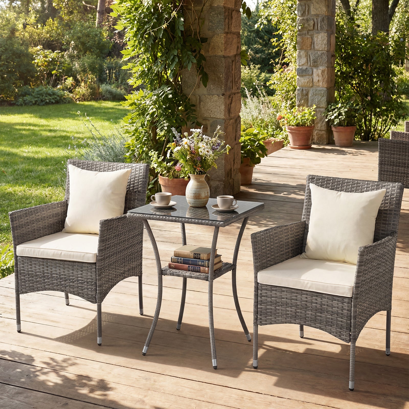 3 Pieces Patio Wicker Bistro Set 2 Rattan Chairs with Double-Tier Tempered Glass Table-Off White