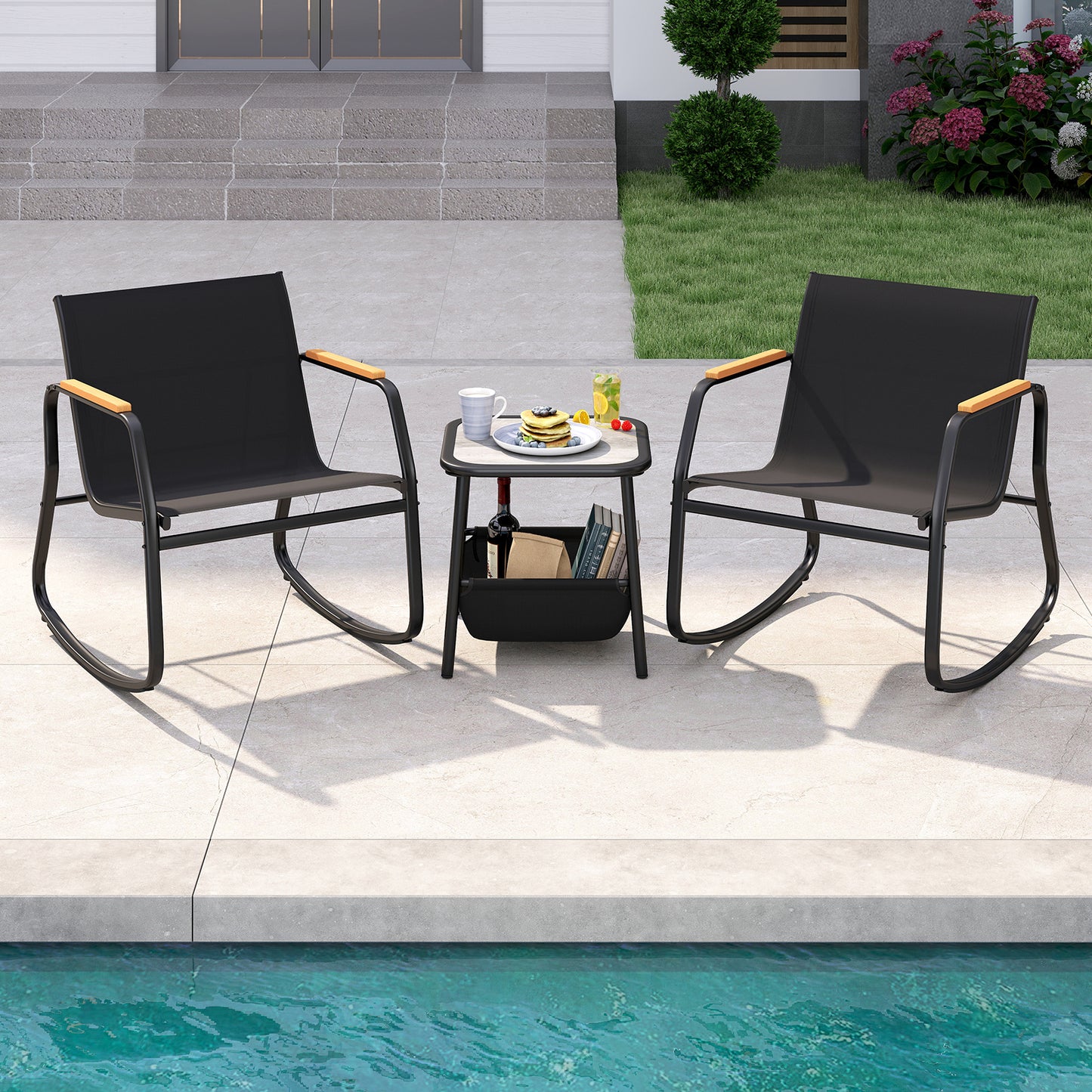 3 Pieces Rocking Bistro Set with Storage Bag and PS Armrests-Black