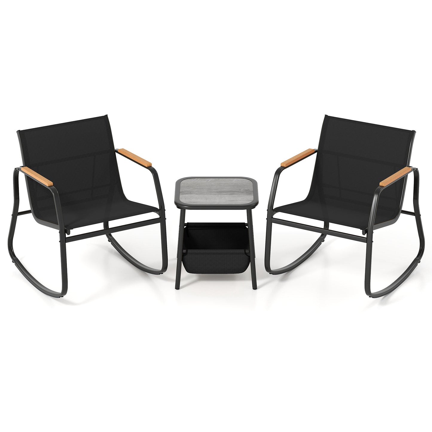 3 Pieces Rocking Bistro Set with Storage Bag and PS Armrests-Black