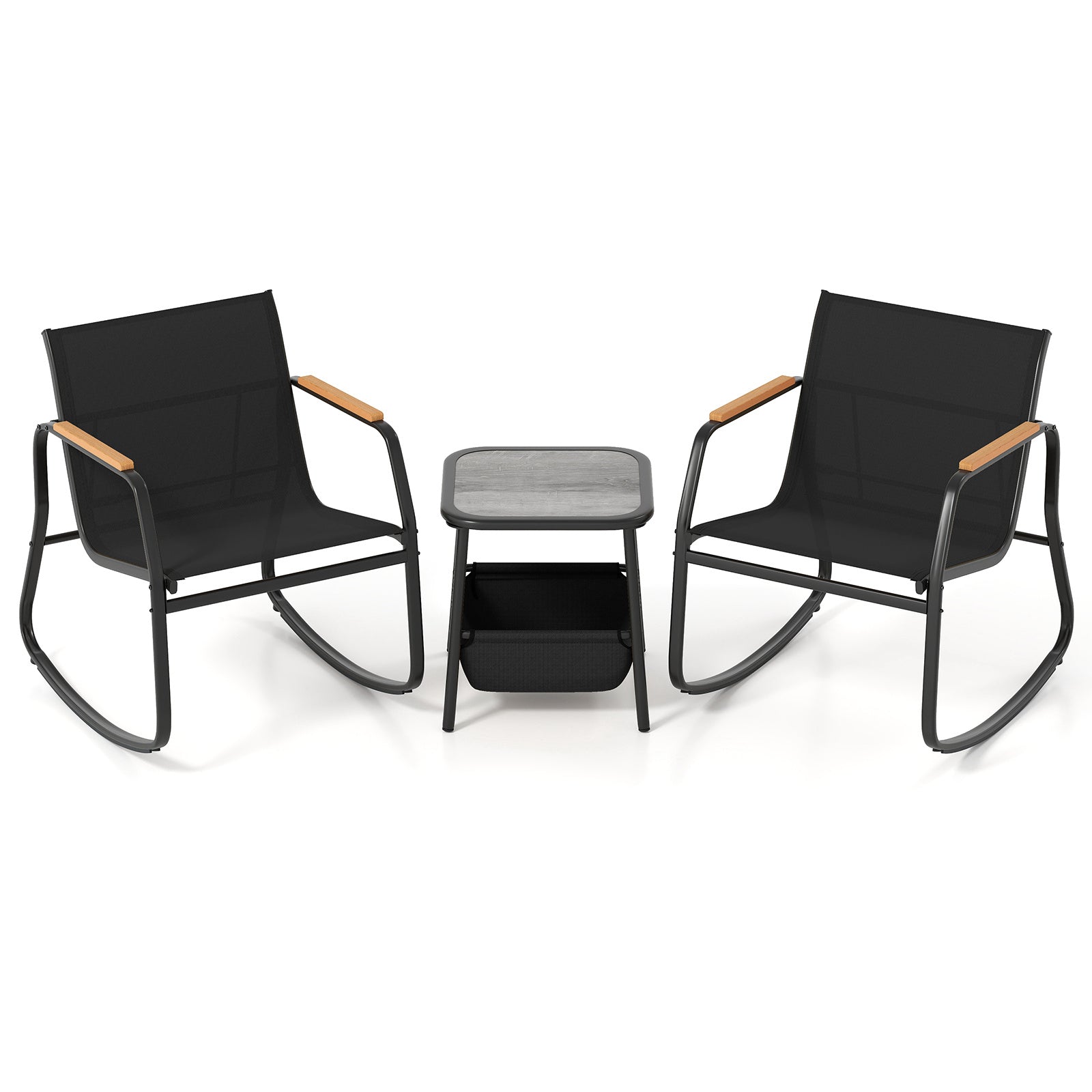 3 Pieces Rocking Bistro Set with Storage Bag and PS Armrests-Black