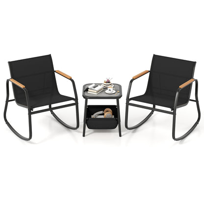 3 Pieces Rocking Bistro Set with Storage Bag and PS Armrests-Black