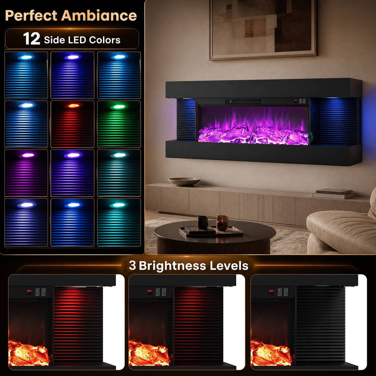 3-Sided Wall Mount Electric Fireplace with 12 Flame Ambient Colors for Indoor-101.6cm