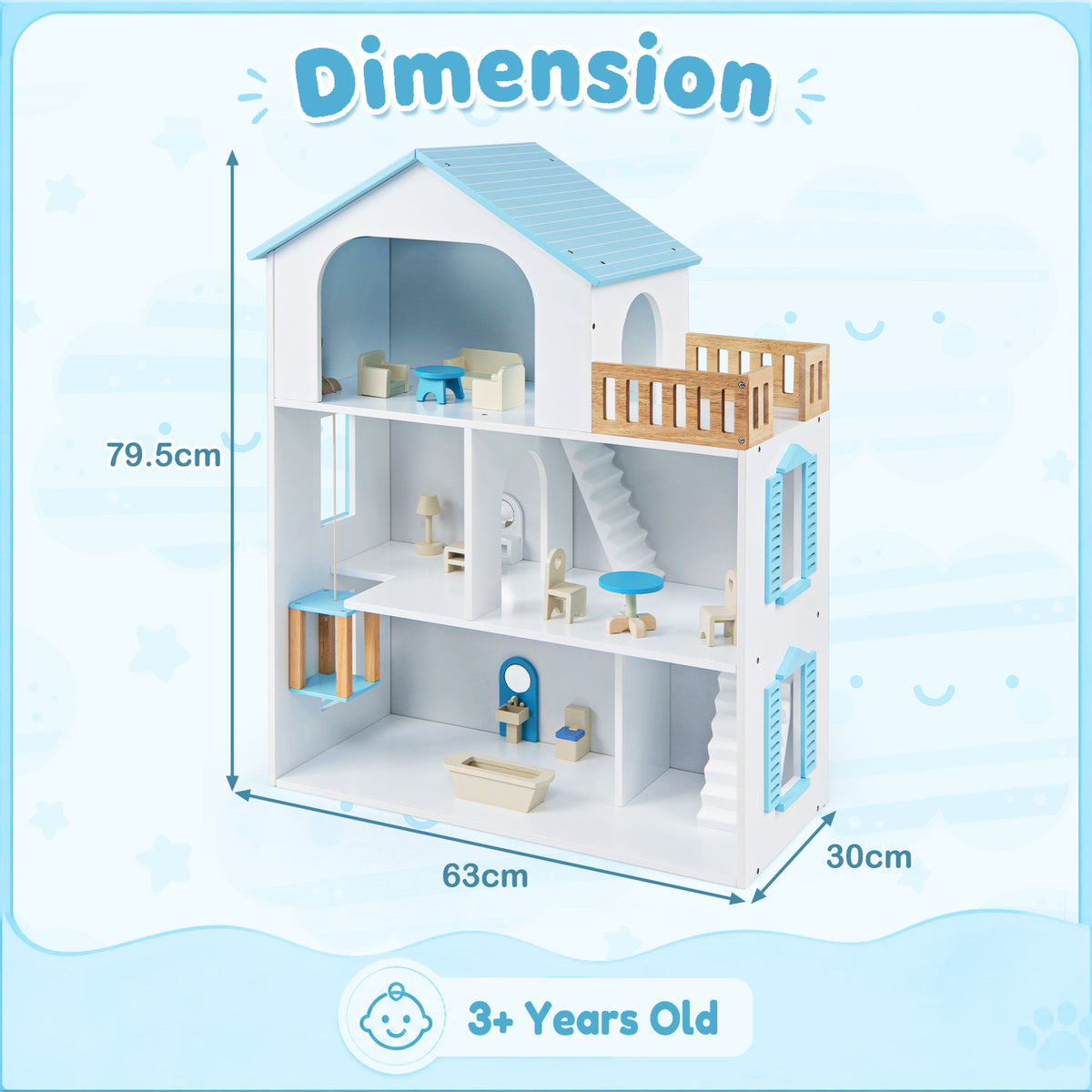 3-Story Wooden Dollhouse Playset with 5 Rooms and Furniture Accessories-Blue