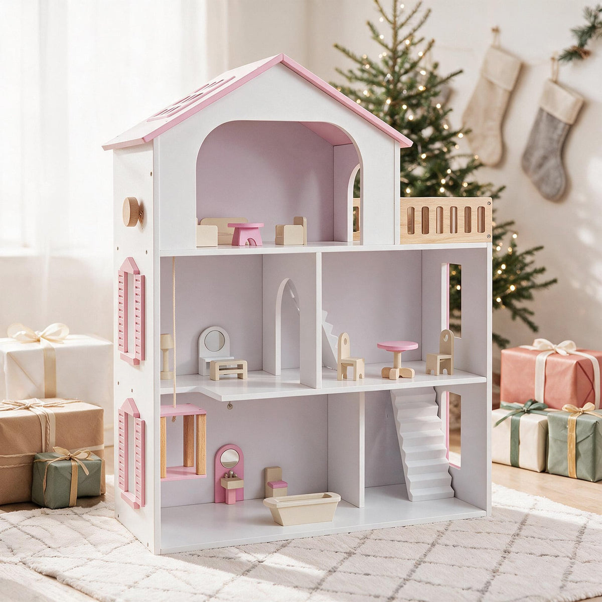 3-Story Wooden Dollhouse Playset with 5 Rooms and Furniture Accessories-Pink