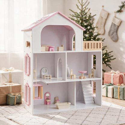 3-Story Wooden Dollhouse Playset with 5 Rooms and Furniture Accessories-Pink