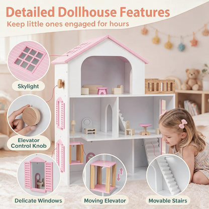 3-Story Wooden Dollhouse Playset with 5 Rooms and Furniture Accessories-Pink