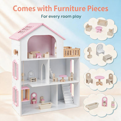3-Story Wooden Dollhouse Playset with 5 Rooms and Furniture Accessories-Pink
