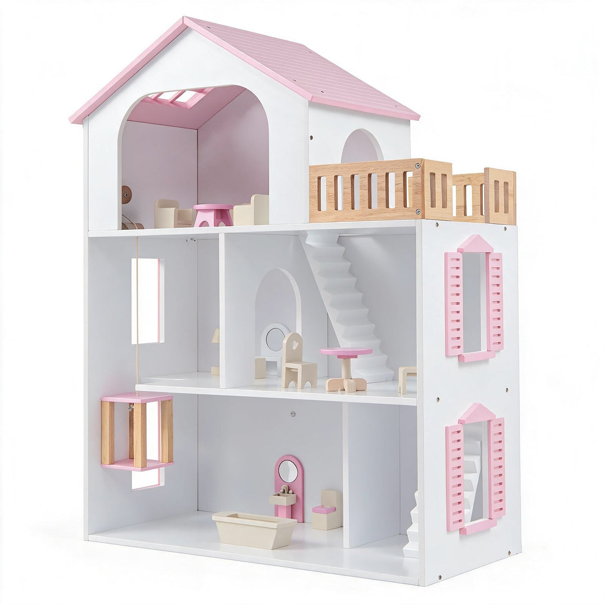 3-Story Wooden Dollhouse Playset with 5 Rooms and Furniture Accessories-Pink