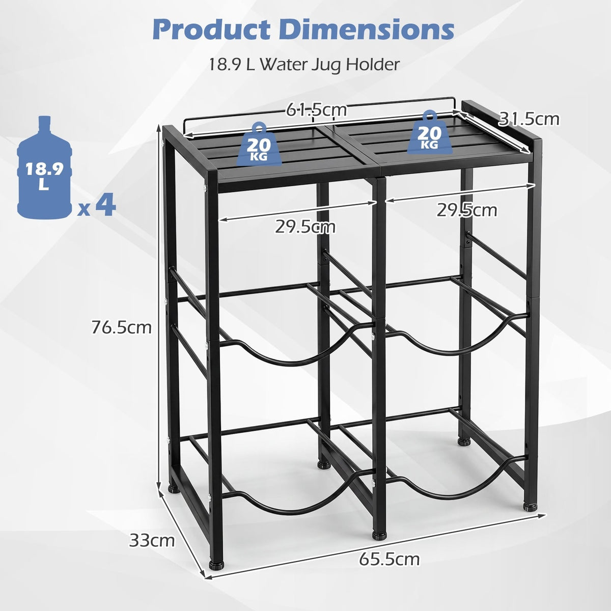 3-Tier 18.9 L Water Jug Holder with Shelves for Home Kitchen Office-Black