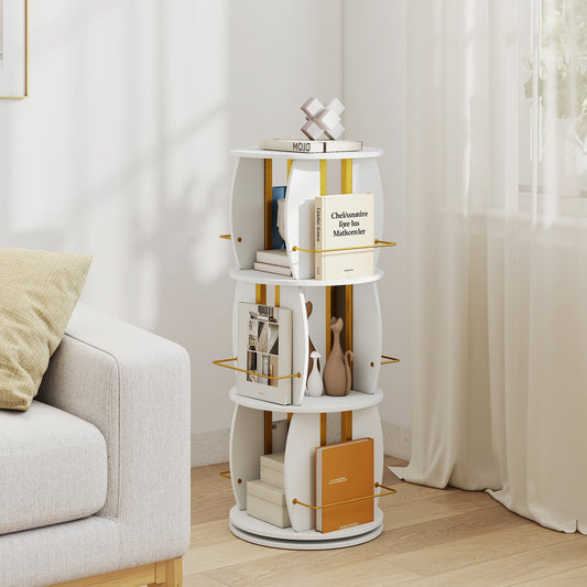 3-Tier 360° Spinning Bookshelf Tower with Display Stands for Small Spaces-White & Golden