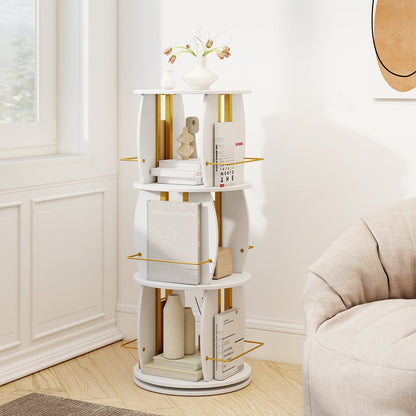3-Tier 360° Spinning Bookshelf Tower with Display Stands for Small Spaces-White & Golden