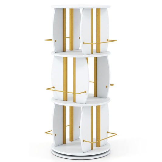 3-Tier 360° Spinning Bookshelf Tower with Display Stands for Small Spaces-White & Golden