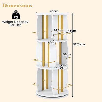 3-Tier 360° Spinning Bookshelf Tower with Display Stands for Small Spaces-White & Golden