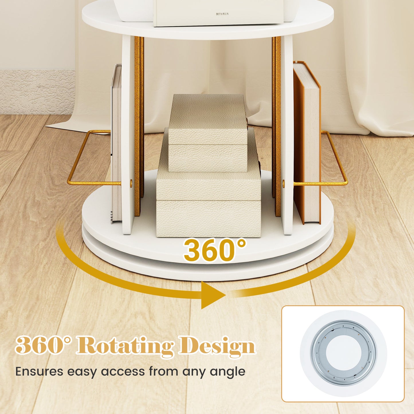 3-Tier 360° Spinning Bookshelf Tower with Display Stands for Small Spaces-White & Golden