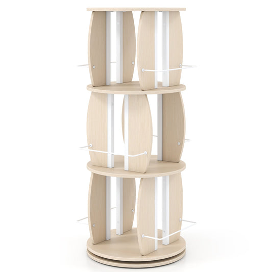 3-Tier 360° Spinning Bookshelf Tower with Display Stands for Small Spaces-White Oak
